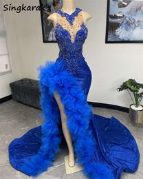 Ny ankomst 2024 Sparkly Royal Blue Mermaid Prom Crystal Rhinestones Ruffles Special Party Dress Gowns Robe de Bal