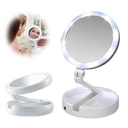 Compact Mirrors LED folding makeup mirror portable rotating 10x enlarged double-sided storage desktop battery USB charging Q240509