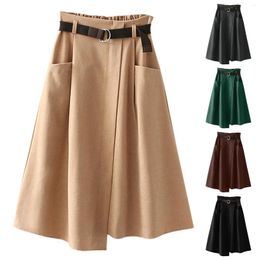Skirts Asymmetrical Retro A Line Skirt With Belt Female Big Pockets Solid Office Lady Faldas Wrapped Double Layer Spring Fall