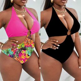 Women's Swimwear Oversized Womens Swimsuit Sexy One Piece Swimwear Fashion Cutout Strap Bikini Swimsuit Plus Size Swimwear Tankini Bathing Suit Y240506