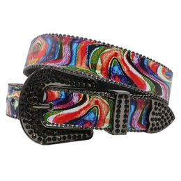 Womens Rhinestone Belt Adjustable PU leather Western Denim Belt Accessory Y2K Colourful Rainbow Graffiti print pin buckle belt 240510