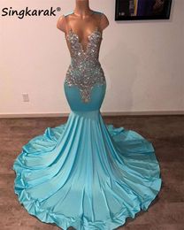 Diamonds Blue Long Prom 2024 Crystal Rhinestone perline Abito da festa di compleanno Abito da ricevimento speciale Robe De Bal