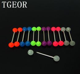 Whole 100pcs 15g Mixed Colors Glow In The Dark Uv Acrylic Piercing Barbell Tongue Ring 9370537