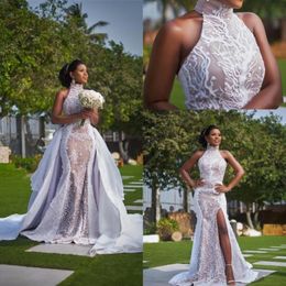Black Girl Lace Mermaid Split Wedding Dresses With Detachable Skirt 2022 Illusion Lace Applique Wedding Bridal Gowns robes de mariee BC 247G