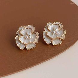 Stud Earrings Fashion Blooming Gardenia For Women Girl White Enamel Oil Imitation Pearl Irregular Petals Flower Jewelry