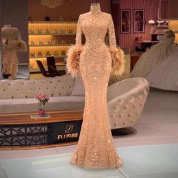 Glitter Beaded Mermaid Prom Dresses Feathers Long Sleeves Formal Evening Gowns High Neck Open Back Elegant Arabic Dubai Pageant Dress Bride Reception Wear 2024