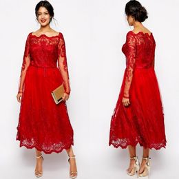 Red Full Lace Plus Size Formal Dresses Sheer Bateau Long Sleeve Evening Gowns Tea Length A-Line Mother Of The Bride 262A