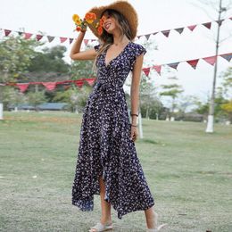 Casual Dresses Elegant Irregular Hem Ruffles Chiffon Sundress Women Straight Lace Up Long Spring Summer V Neck Maxi Dress