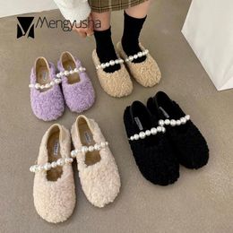 Casual Shoes Luxury Beads Curly Wool Fur Moccasins Woman Fleeces Mary Janes Cotton Loafers Ins Winter Women Pearl Warm Plush Flats