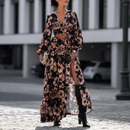 Work Dresses Women Top Skirt Suit Leopard Print Lady Bouse Maxi Blouse Set With Waist-exposed High Waist Lace-up V Neck 2