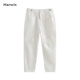 Women's Jeans Marwin 2024 -Coming Spring Solid High Waist Thin Ankle-Length Hole Button White Street Style Women Pants