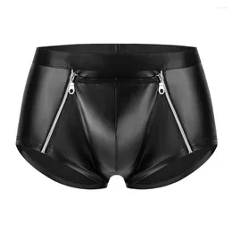 Underpants Men Sexy Faux Leather Double Zipper Underwear Elastic Mid-rise Shorts Bulge Pouch Panties Smooth Matte Slim Lingerie