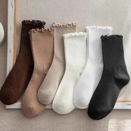 Women Socks 6 Pairs/Lot Women's Ruffled Mid Length Breathable Solid Colour Set Spring And Autumn Comfort Sweat-absorbing Girls'