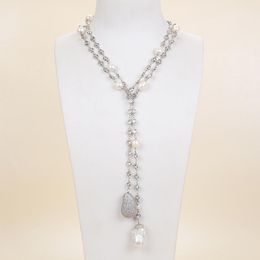 Guaiguai Takı Beyaz Keshi İnci CZ Pave Beyaz Altın Kaplama Zinciri Uzun Kolye Kadınlar için Gerçek Taşlar Taş Lady Moda Jewellery5022164