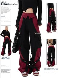 Women's Pants Red Overalls For Women 2024 Autumn Winter Fashion High Waist Wide Leg Mechanical Style Multi-Pocket Y2k Straight