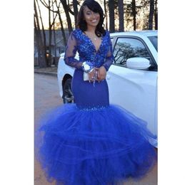 Vintage Royal Blue Mermaid Prom Dresses With Full Sleeve Deep V Neck Appliques Puffy Bottom Africa Dress Plus Size Satin Evening P6494918