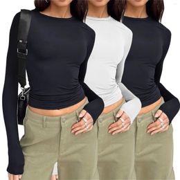 Women's T Shirts 3PC Basic Crewneck Casual Crop Tops For Women Y2k Solid Skinny Long Sleeve Slim Fits Stretchy Cropped Tees T-shirts With