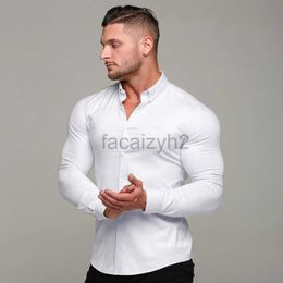 Men's Plus Tees & Polos Muscle men's fitness long sleeved shirt 2024 new men's solid Colour slim fit cardigan thin style shirt Casual Shirts