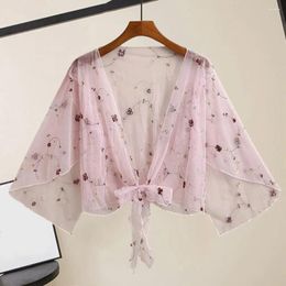 Women's Blouses Women Cropped Cardigan Tops Small Floral Print Cardigans Lace Cover Up Stylish 3/4 Sleeve With For Summer