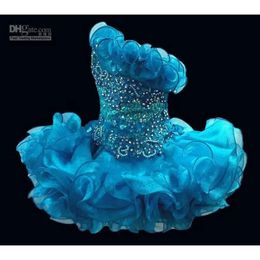 Unique Little Rosie Pageant Dresses Crystal Beaded One Shoulder Turquoise Glitz Infant Cupcakes Party Dress Organza Mini Toddlers Wear Baby 0510