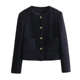 Women's Jackets Maxdutti French Elegant Chenille Navy Woollen Jacket Vintage Gold Buttons Casual WInter Coat Women Tops