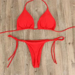 Women's Swimwear Womens bikini set sexy side tie thong swimsuit bandage fashionable Brazilian swimsuit ultra-thin bra simple sex lingerie set J240510