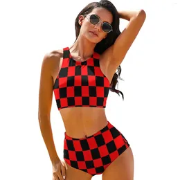 Women's Swimwear Black And Red Two Tone Bikini Set Checkboard High Cut Swimsuit Sexy Waist Rave Print Feminine Bikinis