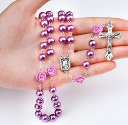 Hot Sale Charm Necklaces Purple Imitation Pearl Rose Catholic Rosary Necklace Virgin Religious necklace Christmas Gift3940396