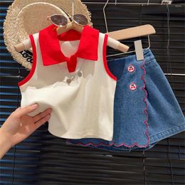 Clothing Sets Summer Kids Girls Clothes Sleeveless Turn Down Collar T-shirts Denim Shorts Skirts 2Pcs Contrast Colour Children