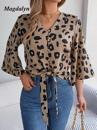 Women's Blouses Magdalyn Fashion V-Neck Chiffon Leopard Summer Clothing Casual Lace Up Button Top Youth Streetwear Lady Shirt