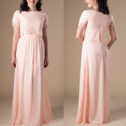 Peach Boho Long Modest Bridesmaid Dresses With Cap Sleeves Lace Top Chiffon Skirt Bohemian Formal Rustic Wedding Party Dress Religious 334s