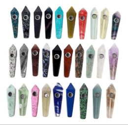 Natural Fluorite Quartz Crystal Smoking Pipe 20 styles Cigarette Stone Tobacco Hand Filter Spoon Pipes With Metal Bowl Mesh Tool B1407892