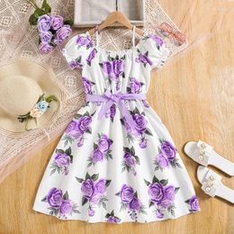 Girl Dresses Cute Floral Kids Loose Casual Short Sleeve Lace Up Slip Dress Children Elegant Girls Daily Clothes Spring Summer