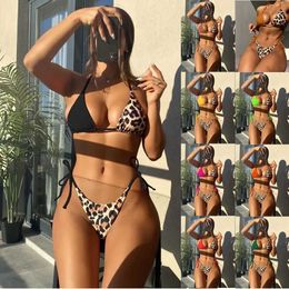 Women's Swimwear Contrast color three point womens split style swimsuit sexy leopard bikini J240510