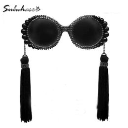 Wholesale-2016 fashion retro tassel baroque pearl sunglasses women's personalized beach rhinestone vintage circle big sun glasses 255v