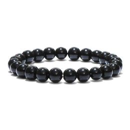 Charm Bracelets Noter Minimalist Obsidian Stone Bracelet Men 4/6/8/10/12mm Black Smooth Beaded Braslet Yoga Meditation Jewellery Black Brazalete Y240510