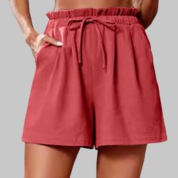 Women's Shorts Women Solid High Waist Stone Wash Wrinkl Shorts Pants Casual Beach Shorts All-Match Loose Elastic Drawstring Shorts For Female Y240504