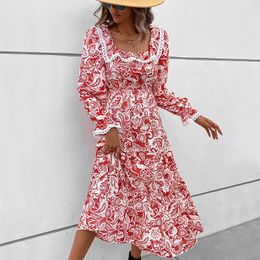 Casual Dresses Qybian Women's Boho Flowy Long Sleeve Square Neck Floral Red Print Midi Dress Spring Fall Vacation Outfits Woman