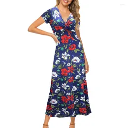 Party Dresses Women Milk Silk Print Bohemian Sexy V-Neck Short Sleeve Boho Long Dress Arrival Rope Mujer 2024