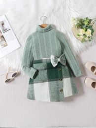 Clothing Sets 2pcs Winter Girls Casual Set Striped Woollen High Neck Top With Chequered Printed Bow Short Skirt Children's Princess 4Y-7Y