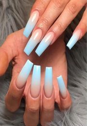 Press on Glossy Gradient Blue Ombre Nails Long Square Coffin Fake Nail Art Acrylic Ballerina False Fingernail Tips for Women and G5859682