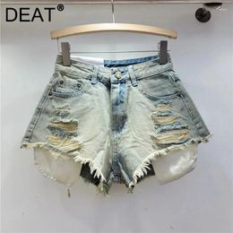 Women's Shorts Vintage Pockets Holes Denim For Women Summer 2024 Fashion Solid Colour Pants Female Trendy 11XX9215