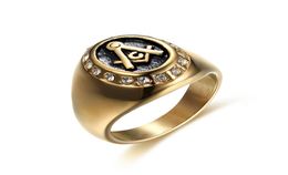 US Size 715 Simple 316L Stainless Steel Masonic Ring masons with Clear CZ Gold Colour Finger Rings for Men Fashion Jewelry7691757