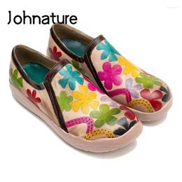 Casual Shoes Johnature 2024 Retro Printed Floral Women Flat Sole Comfortable Slip-on Shallow Hand-painted Genuine Leather