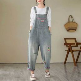 Womens Jumpsuits Rompers Denim Jumpsuits Women Hole Design Korean Style Overalls One Piece Outfit Women Rompers Casual Vintage Playsuits Straight Pants Y2400XNI