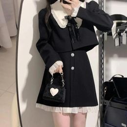 Work Dresses Preppy Style Women Two Piece Set Bow Knot Long Sleeve Buttons Up Jacket High Waist Mini Skirt Arrival Skirts Sets Outfits