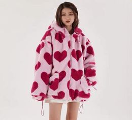 Hip Hop Flannel Parkas Lambswool Hoodie Jackets Women Streetwear Full Print Heart Winter Harajuku Sherpa Zipper Coat Oversize9716889