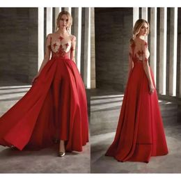 Red Evening Gowns Prom Dresses With Detachable Skirt Satin Fashion Women Jumpsuit Half Long Sleeve Tail Dress Party Wear Custom Made 77 0510