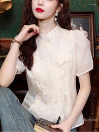 Women's Blouses Chinese Style Buckle Chiffon Shirt Clothing 2024 Summer Niche Temperament Puff Short Sleeve Top Apricot Blouse