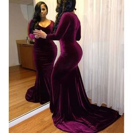 Mermaid Arabic Evening Sexy Deep Purple Veet Long Sleeve Prom Dresses Graduation Party Dress Vestido De Festa Formal Evening Gowns 0510